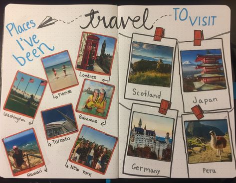 travel bullet journal ! Placed i’ve been and to visit spread. Travelogue Ideas Layout Aesthetic, Road Trip Yearbook Theme, Travel Yearbook Theme, Travel Journal Front Page, Travelogue Ideas Layout, Travel Bullet Journal, Journey Poster, Scrapbooking Layouts Travel, Travel Journal Pages