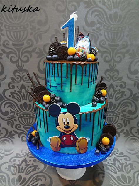 Mickey drip birthday cake by Katarína Mravcová Boy Birthday Cake Design, 1st Birthday Cake Ideas For Boys, Birthday Cake For Kids Boy, Baby Boy First Birthday Cake Ideas, Boy Cakes Birthday, Boys Birthday Cake Ideas, 1st Birthday Cake Boy, Cupcakes Decoration Disney, First Birthday Cake Boy