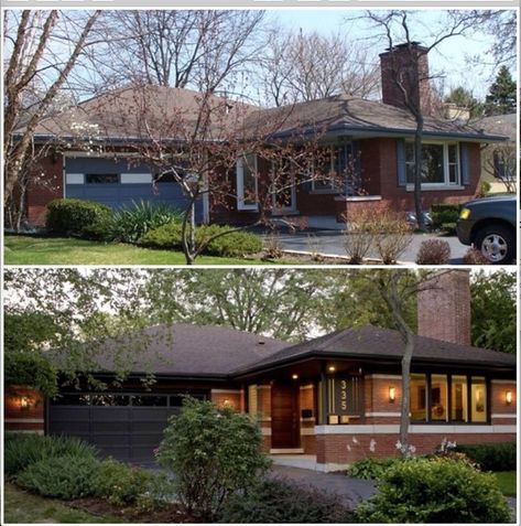 Before After idea on hip roof Red Brick Ranch With Black Windows, Ranch House Remodel Before And After, Exterior Remodel Before And After, Brick Inspiration, Ranch Home Remodel, Ranch House Remodel, Ranch House Exterior, Ranch Remodel, Ranch Exterior