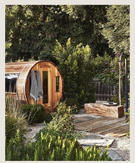 Outdoor Sauna Cold Plunge Ideas Backyards, Sauna And Cold Plunge Outdoor, Outdoor Sauna And Cold Plunge, Barrel Sauna Landscaping, Backyard Spa, Sauna House, Outdoor Tub, Cold Plunge, Hot Tubs Saunas