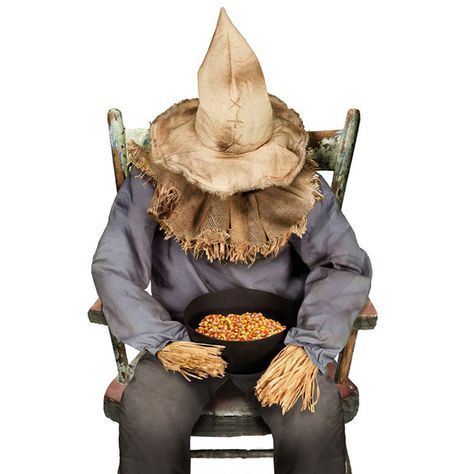 Scary Animatronic Sitting Scarecrow - Hands Out Candy and Terror! Sitting Scarecrow, Scarecrow Decorations, Scarecrow Halloween, Halloween Candy Bowl, Scary Face, Haunted House Props, Halloween Scarecrow, Scary Decorations, Halloween Express