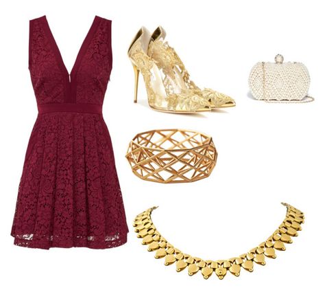 "Maroon & Gold Dinner Wear" by stephanie-strong on Polyvore featuring Free People, Oscar de la Renta and GUESS Maroon And Gold Outfits For Women, Riverside Cottage, Dinner Wear, Burgundy Outfit, Gold Outfit, Gold Accessories, Red Outfit, Wedding Dresses, Streetwear Brands