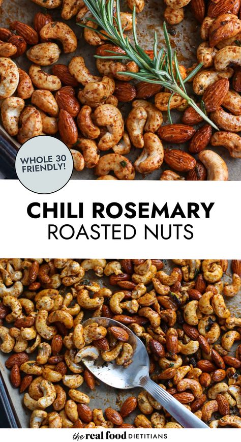 Chili Nuts Recipe, Holiday Spiced Nuts Recipe, Rosemary Spiced Nuts Recipe, Spicy Nuts Roasted, Flavored Nuts Recipes, Rosemary Cashews, Nut Mix Recipe, Snacky Foods, Nut Mixes