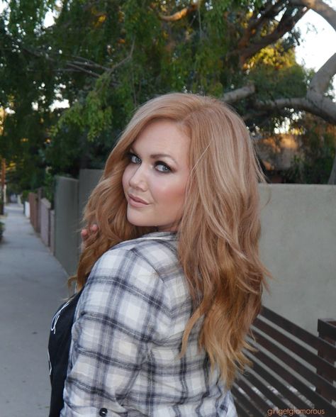 Summer-into-Fall | My Favorite Outfit - GirlGetGlamorous #hairstyles #redhair #strawberryblonde #fallootd #ginger #flannel #loosewaves #haircolo #inspo #extensions Ash Strawberry Blonde Hair, Extensions Aesthetic, Strawberry Blonde Hair With Highlights, Rose Brunette, Aesthetic Balayage, Hair Lights, Blonde Ideas, Reddish Hair, Light Strawberry Blonde