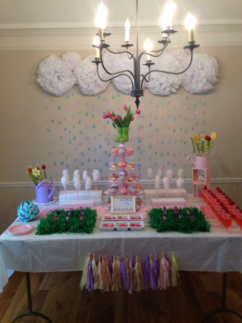 Baby Shower Party Ideas | Photo 4 of 13 April Showers Bring May Flowers Baby Shower Theme Girl, Raindrop Baby Shower, Rain Baby Showers, April Baby Shower, April Showers Bring May Flowers, Baby Shower Party Ideas, Spring Baby Shower, Shower Party Ideas, April Birthday