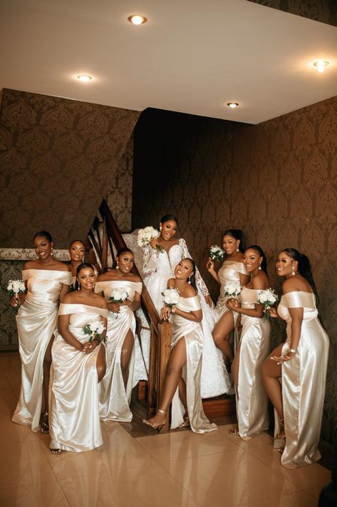 Love Didn't Give Up on Onyinye & Bryan! See Their White Wedding Photos Black Couple Wedding Colors, All White Wedding Party, Black People Wedding Ideas Color Schemes, Melanin Wedding, Black Love Wedding, Black People Weddings, Bride And Bridesmaid Pictures, 2025 Bride, Bridal Maids