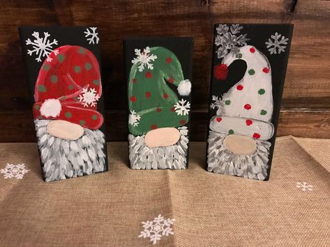 Three wooden acrylic painted gnomes!Green(7x4) Red (8x4) & White (8x4) Painted Gnomes, Holiday Paintings, Gnomes Decor, Xmas Gnomes, Gnome Ideas, Gnome Crafts, Brick Crafts, Santa Faces, Domino Jewelry