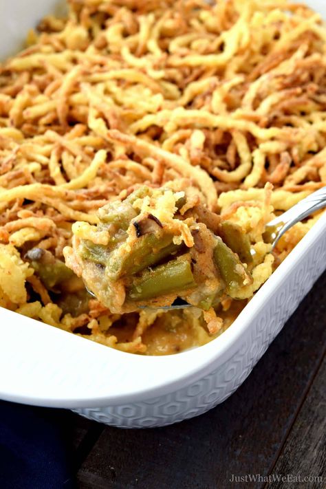 This Gluten Free & Vegan Green Bean Casserole tastes amazing! It's made with mushroom gravy mixed with green beans and topped with homemade onion straws! Green Bean Casserole Gluten Free, Dairy Free Holiday Recipes, Onion Straws, Dairy Free Thanksgiving, Vegan Mushroom Gravy, Vegan Green Bean Casserole, French Onion Chicken, Soup Base, Gluten Free Thanksgiving