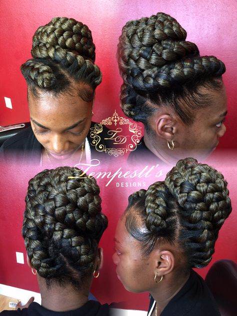 Goddess braids created by Tempestt. To book please call/txt at 813-410-5339. I'm located in Tampa, FL. $15 per braid. Goddess Braids In A Bun, Two Goddess Braids, Braids In A Bun, Goddess Braids Updo, Goddess Braid, Braids Updo, Braids Ponytail, Black Hair Updo Hairstyles, Big Box Braids