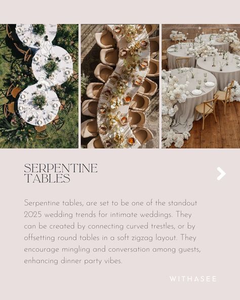 2025 Wedding Trends / Part Two From neon signs to champagne towers to retro cakes, wedding trends come and go. Here’s our take on what's hot for 2025 weddings: Petite Bouquets [1] @mrsgibbonsflowers @allumeweddings [2] @mrsgibbonsflowers @alexjack.photography [3] @gwenfloralco @ingridcoleswedding Serpentine Tables [1,2] Pinterest [3] @ivylanecollective @lea.and.lensphotography Basque Waist Dresses [1,3] @madewithlovebridal [2] @kwhbridal Hand-Lettered Stationery [1,2] @bluebirdinv... Serpentine Tables Wedding, Serpentine Tables, Retro Cakes, Champagne Towers, Tables Wedding, Basque Waist, 2025 Wedding, Champagne Tower, Cakes Wedding