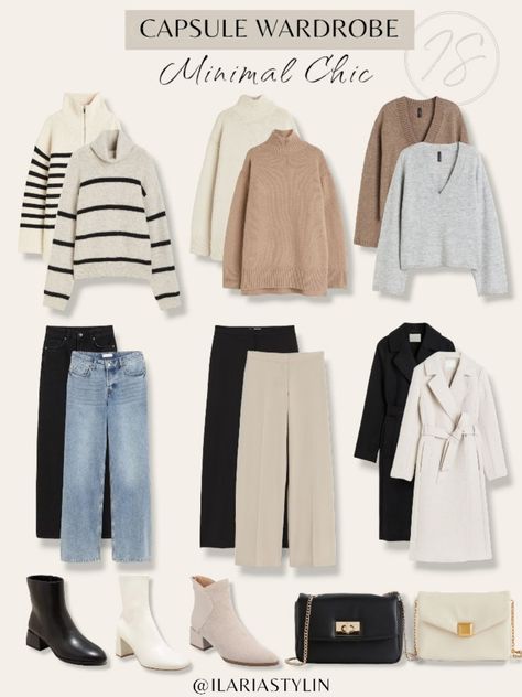 capsule wardrobe, wardrobe essentials, fall capsule wardrobe, autumn capsule wardrobe, fashion inspo, minimal capsule, minimal chic wardrobe, knitwear, striped, half zip, white, rollneck, beige, brown, gray, v-neck, sweater, blue, black, straight, vintage, jeans, wide leg, beige, black, pants, cream, black, long, coat, black boots, white, cream, beige, boots, black bag, cream bag, shoulder bag, crossbody bag, style inspo, women fashion Casual Outfits Capsule, Capsule Travel Wardrobe, Jeans Winter Outfit, How To Have Style, Capsule Wardrobe Casual, Capsule Wardrobe Women, Fashion Capsule Wardrobe, Winter Capsule Wardrobe, Winter Chic