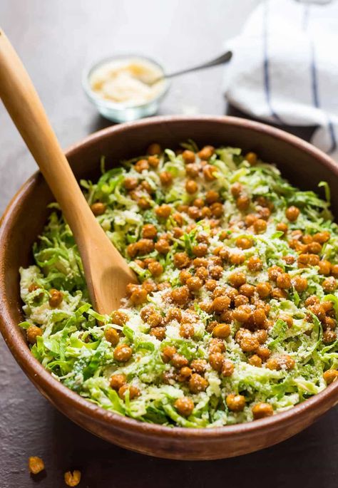 Caesar Shaved Brussels Sprouts Salad with Crispy Chickpea Croutons Raw Brussel Sprouts, Creamy Brussel Sprouts, Chickpea Croutons, Shaved Brussel Sprout Salad, Crispy Chickpea, Brussel Sprout Salad Recipes, Shaved Brussel Sprouts, Brussels Sprouts Salad, Cacciatore Recipes