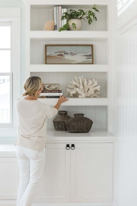 Coastal Family Rooms, Pure Salt Interiors, Pure Salt, Styling Shelves, Bookcase Styling, Seasonal Changes, Nancy Meyers, Coastal Living Rooms, Coastal Grandmother