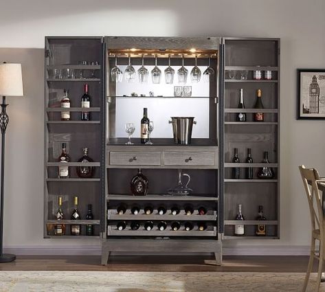 Bar Furniture & Home Bar Sets | Pottery Barn Cabinet Gray, Home Bar Cabinet, Wine Bottle Rack, Home Bar Designs, Free Interior Design, Bar Cabinet, High Quality Furniture, A Bar, Bari