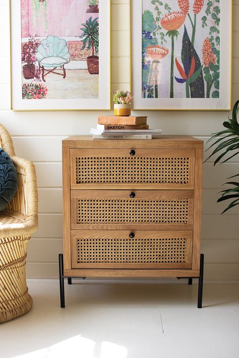 wooden bedside table with three woven cane drawers Tonal Bedroom, Cane Drawers, Cane Bedside Tables, Bedside Table Design, Wooden Bedside Table, Wood Bedside Table, Beautiful Storage, Affordable Furniture, Wood Accents