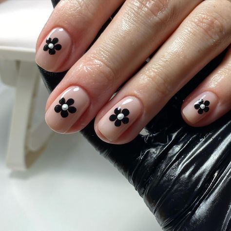 Some flower power for your Saturday 🤍 @the_gelbottle_inc daisy and jet black gel pots to get that pigment in one coat ! @opi @opi_professionals for my base colour “put it in neutral” @officialnavyprofessional for my tool prep #flowernails #nails #nailsnailsnails #nailart #flowers #nailsofinstagram #biab #biabnails #naildesign #nailideas #nailinspiration #naildesign #blacknails #whitenails #shortnails Short Nail Flower, Nail Designs Flowers Simple, Black Daisy Nails, Black Flower Nails, Nailart Black, Short Natural Nails, Girly Acrylic, Daisy Nails, Simple Gel Nails