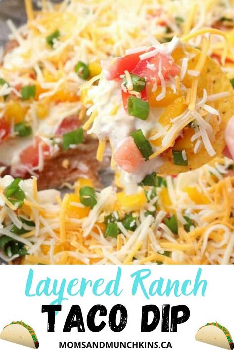 Ranch Taco Dip, Party Food Bar Ideas, Hot Taco Dip, Food Bar Ideas, Dip Party, Bean Snacks, Sour Cream Dip, Mexican Night, Recipes Easy Dessert