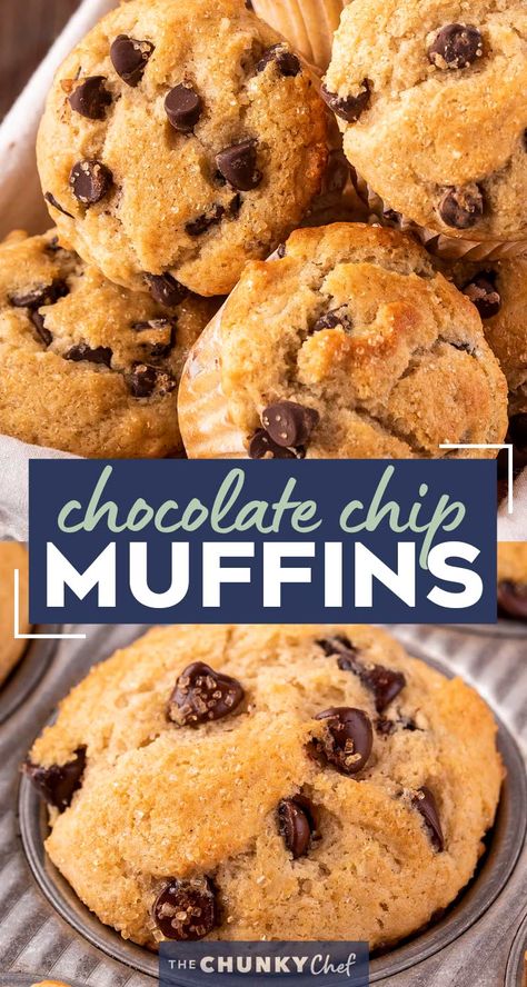 Brunch Baking, Blueberry Chocolate Chip Muffins, Bakery Style Chocolate Chip Muffins, Homemade Chocolate Chip Muffins, Best Chocolate Chip Muffins, Choc Chip Muffins, Chunky Chef, Chocolate Chip Muffin Recipe, Baking Homemade