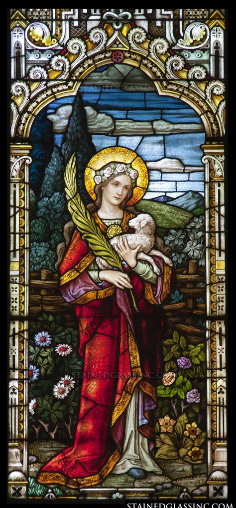 "Saint Agnes" Religious Stained Glass Window St Agnes Of Rome, St. Agnes, Saint Agnes Of Rome, Stain Glass Windows Art, English Stained Glass Windows, Stained Glass Saints, Church Glass Art, Stained Glass Mary, Stained Glass Art Church