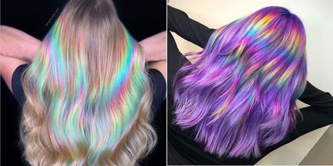 Holographic Hair Is The Latest Beauty Trend And It's A Technicolor Dream Hologram Hair Color, Short Holographic Hair, Vaporwave Hair, Holographic Hair Tutorial, Prism Hair Color Short, Hair Wrap Ideas, Prism Hair Color, Holo Aesthetic, Underdye Hair