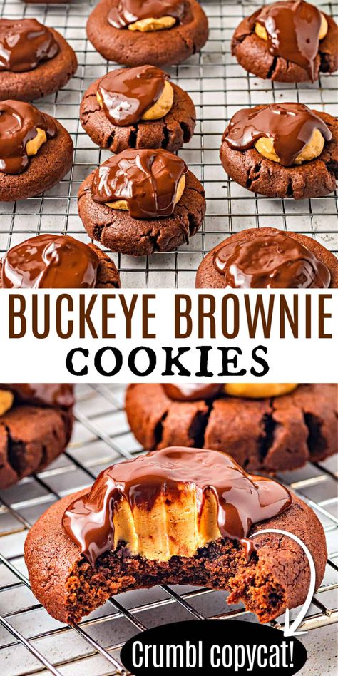 Buckeye Brownie Cookies are the perfect chocolate peanut butter treat! Fudgy chocolate cookies are topped with homemade buckeye candies in this easy recipe. Buckeye Cookies Easy, Buckeye Brownie Cookies Recipe, Buckeye Brownie Bites, Brownie Buckeyes, Buckeye Recipes, Buckeye Candies, Buckeye Cookies Recipe, Cupcakes Business, Copycat Crumbl Cookie