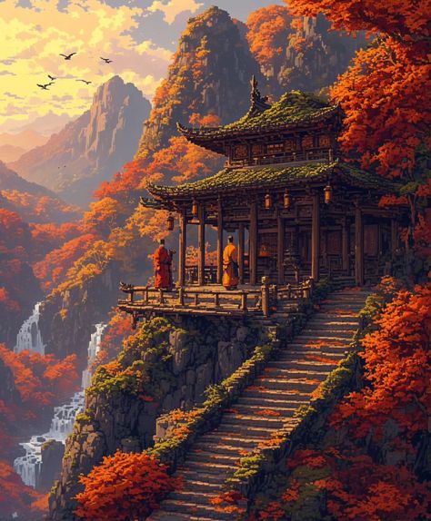 An ancient temple hidden in beautiful mountains. #art #nature #waterfall #sky #mountains #autumn #halloween Mountain Temple Concept Art, Mountain Temple Fantasy Art, Ancient Chinese Temple, Japanese Temple Art, Sky Temple, Mountain Temple, Story Settings, Chinese Mountains, Nature Waterfall