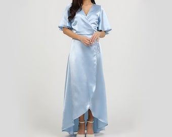 Wedding Guest Dress Satin, Light Blue Dress Formal, Bridesmaid Dress Satin, Wrap Dress Wedding, Couture Bridesmaid Dresses, Long Satin Dress, Wrap Dress Wedding Guest, Satin Evening Dress, Bridesmaid Dresses Satin