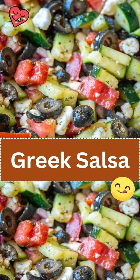 A Mediterranean-inspired salsa with tomatoes, cucumbers, olives, and feta cheese, perfect with pita chips. Greek Salsa Recipe 12 Tomatoes, 12 Tomatoes Greek Salsa, Olive Salsa Recipe, Greek Salsa 12 Tomatoes, Summer Appetizer Recipes Simple, Pita Chip Dip, Mediterranean Party Food, Greek Salsa Recipe, Summer Dips And Appetizers