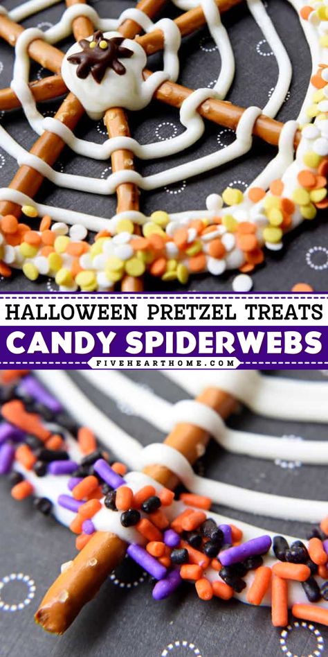 Need a simple Halloween dessert? Here's a Halloween treat to make with pretzel rods! Both kids and adults will enjoy these Candy Spiderwebs. You can even jazz up this Halloween pretzel recipe if you want to change things up! Save this Halloween party idea! Spiderweb Pretzel Sticks, Halloween Adult Desserts, Salty Halloween Treats, Spiderweb Pretzels, Halloween Pretzel Treats, Pretzels Treats, Halloween Pretzel Rods, Cheap Halloween Treats, Halloween Pretzels Rods