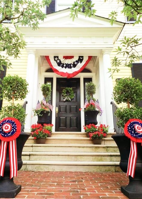 Americana Exterior Home, American Flag In Front Of House, Fourth Of July House Exterior, American Flag On House Exterior, Patriotic House Exterior, 4th Of July Decorations Outdoor, Grandmillenial 4th Of July, House Lake, Yankee Doodle