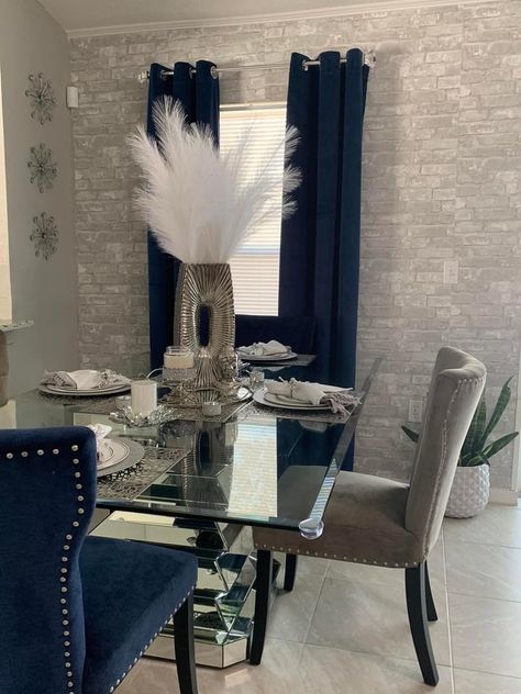 Silver And Navy Living Room, Royal Blue Dining Room Decor, Living Room Decor Royal Blue, Silver And Blue Living Room Decor, Blue And Silver Dining Room Decor, Blue Silver And Black Home Decor, Gray And Royal Blue Living Room Decor, Blue And Grey Dining Room Decor, Navy And Silver Living Room