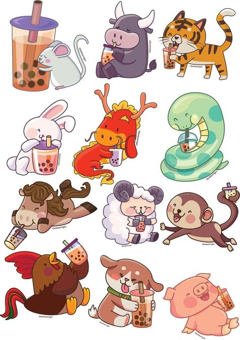 Chibi Creatures, Chinese Zodiac Art, Boba Sticker, Sticker Inspiration, Zodiac Characters, Simple Drawings, School Murals, Drawing Animals, Fun Arts And Crafts