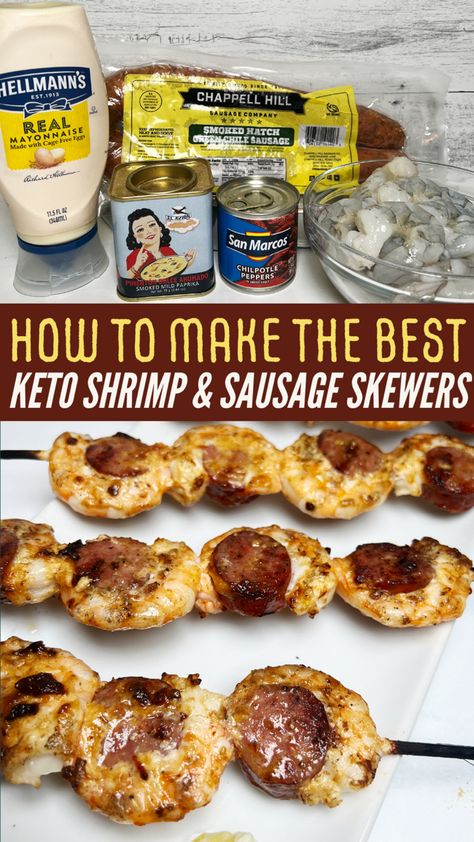 Keto Shrimp and Sausage Skewers Skewers! A short and sweet backyard BBQ staple! This shrimp and sausage medley is kept moist by brushing it with a spicy mayo mixture that keeps the shrimp from drying out. Double the sauce and put aside some for dipping! This is a great appetizer for a summer pool party! https://ketoniafoods.com/recipes/how-to-make-the-best-keto-shrimp-and-sausage-skewers Sausage Skewers, Shrimp And Sausage, Spicy Seafood, Keto Shrimp, Keto Seafood, Dinner Favorites, Keto Appetizers, Seafood Recipe, Healthier Options