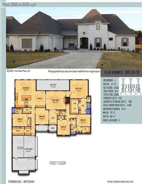 $1000.00 House Plan 9 sets Large Walk In Closet, Large Porch, 1/2 Bath, Keeping Room, 3 Car Garage, Primary Bedroom, Tub Shower, Home Plan, Walk In Pantry