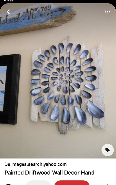 Hamptons Ny, Blue Mussel, Seashell Art Diy, Painted Driftwood, Driftwood Art Diy, Oyster Shell Crafts, Art Coquillage, Driftwood Wall, Driftwood Wall Art