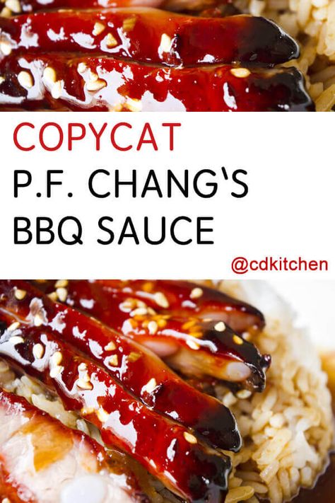 Copycat P.F. Chang's BBQ Sauce - This is the barbecue sauce that P.F. Chang uses on their short ribs appetizer. It's sweet and tangy with lots of Asian flavors. Made with ketchup, hoisin sauce, sake, soy sauce, water, fresh ginger, garlic, five spice powder, ground star anise, sugar | CDKitchen.com Ribs Appetizer, Chinese Bbq Sauce, Asian Bbq Sauce, P F Chang, Bbq Sauce Homemade Easy, Homemade Bbq Sauce Recipe, Rib Sauce, Chinese Bbq Pork, Homemade Bbq Sauce