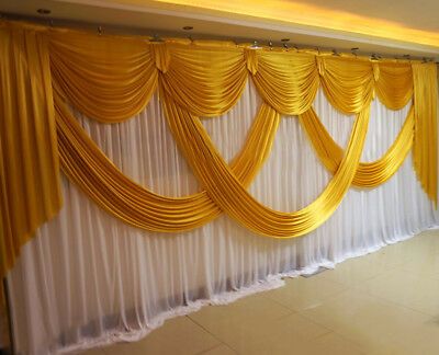 The price do not including the pipe stand, only for the drapery. Color: number 30 bright yellow gold swag+middle design+White background (can be customized). This material is very smooth, the fabric was woven. Party Curtain, House Front Wall Design, Front Wall Design, Stage Curtains, Swag Curtains, Curtain Backdrops, Wedding Backdrop Decorations, Stage Backdrop, Wedding Stage Decorations