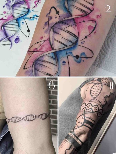 43 DNA Tattoo Strands, Chains & Flower Designs - TattooGlee Dna Tattoo Ideas Men, Dna Strand Tattoo, Dna Tattoo Ideas, Dna Tattoo Design, Strand Tattoo, Biology Tattoo, Chemistry Tattoo, Pomegranate Tattoo, Tree Tattoo Meaning