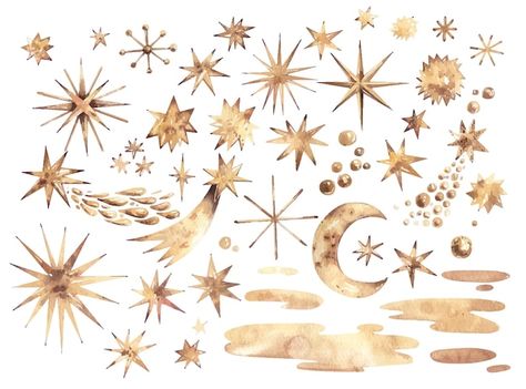 Set of golden stars isolated on white ba... | Premium Vector #Freepik #vector #watercolor-elements #watercolor-drawing #stardust #gold-star Christmas Star Drawing, Shooting Star Drawing, Watercolor Stars, Stars Watercolor, Draw Watercolor, Star Vector, Gold Drawing, Star Illustration, Watercolor Elements