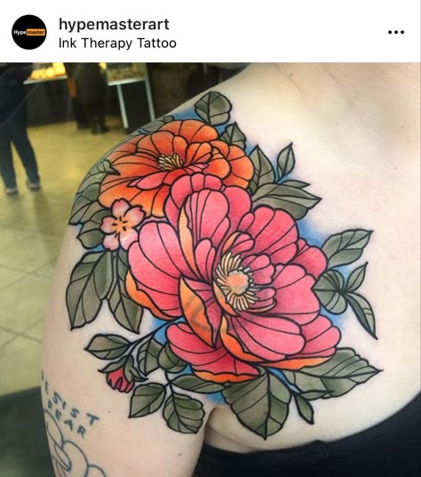 Colored Tattoo Cover Up Ideas For Women, Collarbone Coverup Tattoo, Bright Floral Tattoo, Neo Traditional Peony Tattoo, Traditional Floral Tattoo Sleeve, Color Floral Tattoo, Neo Traditional Tattoos Flower, Flower Shoulder Tattoo, Mastectomy Tattoo