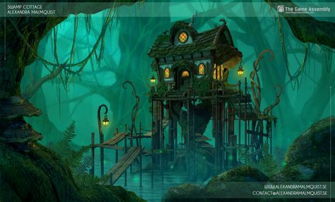 Swamp Cottage, Perspective Ideas, Voodoo Child, Art Environment, Jungle Tree, Jungle House, Forest Cottage, Heroic Fantasy, Landscape Concept