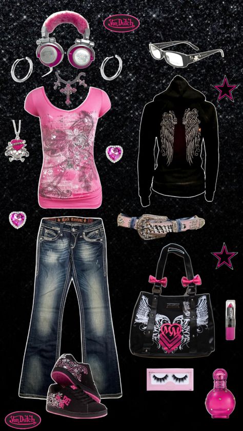 mcbling y2k 2000s outfit emo scene hot pink and black juicy couture guess Pink Emo Outfits, Emo Outfits 2000s, Outfit Emo, Y2k Outfits Pink, Emo Scene Outfits, Black Scene, Pink Emo, Y2k Scene, Trashy Outfits