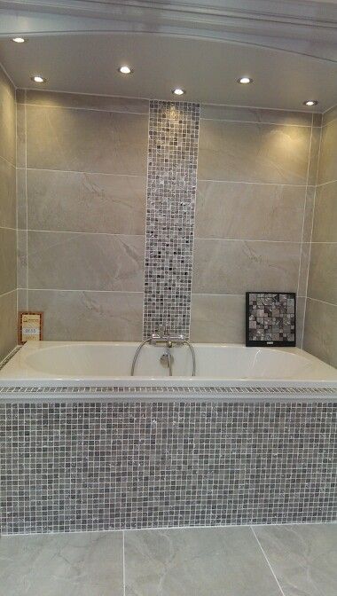 Mosaic Tiles Bathroom Wall, Ibiza Bathroom, Inset Bath, Slate Bathroom, Bathroom Main, Bathroom Tiles Design Ideas, Mosaic Bathroom Tile, Tub Cover, Bathroom Tile Designs