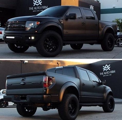 Matte black Ford Raptor Black Ford F150, Black Ford Raptor, Ford Raptor Truck, Raptor Truck, Ford Svt, Lifted Vehicles, Dream Vehicles, Built Ford Tough, F150 Truck