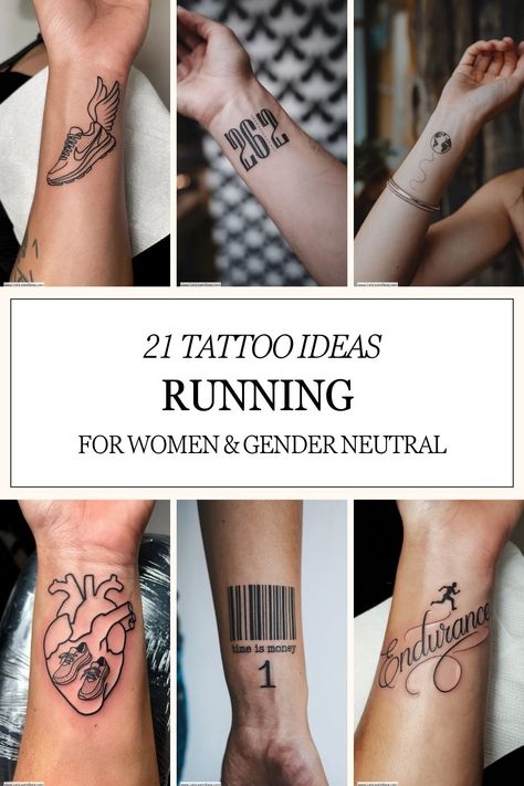 Collage of six running-themed tattoos, including a sneaker, 20:12 time, marathon runner, anatomical heart, barcode with "time is money," and "Endurance" script. Running Tattoos For Women, Small Wrist Tattoo Ideas, Small Wrist Tattoo, Running Tattoo, Wrist Tattoo Ideas, Small Wrist Tattoos, Tattoo Ideas For Women, Tiny Tattoo, Wrist Tattoos For Women