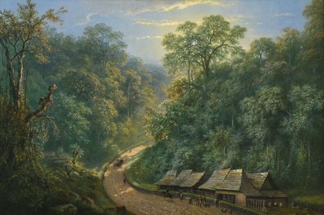 RADEN SALEH SJARIF BOESTAMAN (INDONESIA, 1807-1880) Mail Station at the Bottom of Mount Megamendung Price realised HKD 16,900,000 Estimate HKD 14,000,000 - HKD 20,000,000 Indonesian Culture Art, Mencuri Raden Saleh Poster, Mail Station, Indonesia Scenery, Indonesia Scenery Landscape, Indonesian Heritage, Romanticism Artists, Indonesian Art, South Asian Art