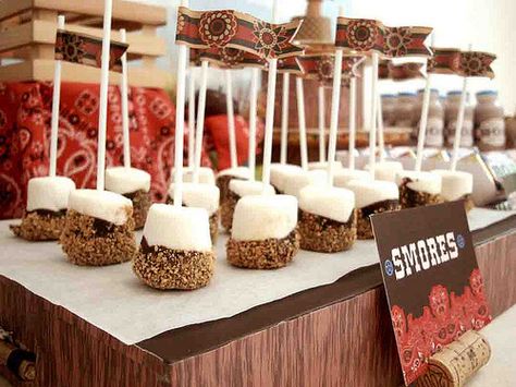 cute western smores on stick ...for dessert bar at an informal wedding. Smores Diy, Indoor Smores, Wild West Birthday, Chocolate Dipped Marshmallows, Wild West Party, Western Birthday Party, Cowboy Birthday Party, Western Birthday, Wedding Treats