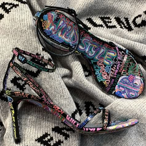 Richard Beckerman on Instagram: “Balenciaga - graffiti print ‘wild style’ strap sandal 80mm • Message or email me to purchase. Email on profile.” Graffiti Shoes, Birthday Look, Black Birthday, Air Shoes, Nike Air Shoes, Dream Future, Style Muse, Fashion Is Art, Balenciaga Shoes