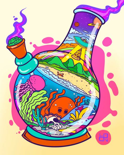 Bong fantasy 420 Trippy Cartoon, Trippy Drawings, Trippy Designs, Psychadelic Art, Trippy Painting, Posca Art, Arte Van Gogh, Psy Art, Hippie Painting