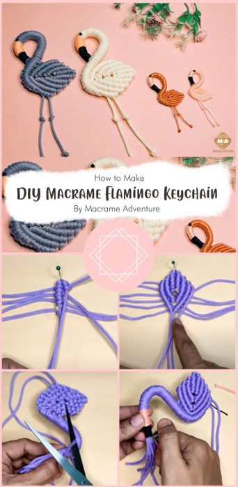 Lovely Macrame Flamingo Keychain Free Pattern Ideas - Carolinamontoni.com Macrame Flamingo Keychain, Macrame Flamingo Diy, Macrame Mermaid Tail Tutorial, Macrame Animals Tutorials Free Pattern, Rope Crafts Diy How To Make, Macrame Animal Keychain, Cute Macrame Ideas, Macrame Projects Free Pattern, Macrame Projects Tutorials